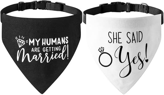 My Humans are Getting Married She Said Yes Dog Wedding Bandana Collar, Adjustable Engagement Pet Bandana with Quick Release Buckle & D-Ring for Dogs & Cats