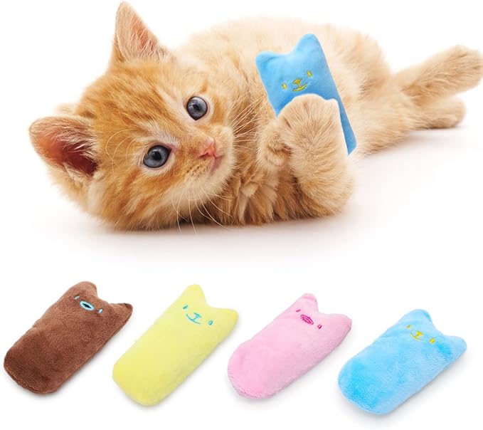 Nobleza Kitten Toys for Indoor Cats, 4 Pack Catnip Cat Teething Chew Toys with Crinkle Paper, Soft Plush Interactive Toy Funny Cute Birthday Gift for Kitty Kicking & Playing, Brown/Blue/Pink/Yellow