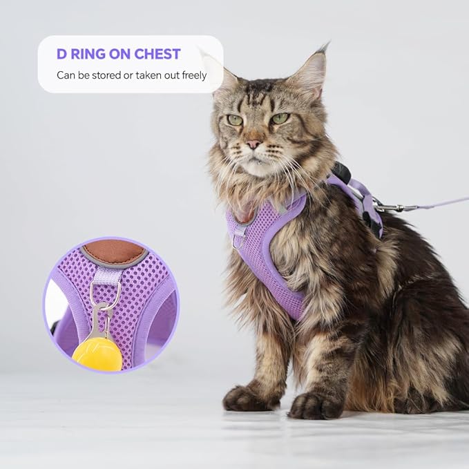Cat Harness and Leash Set with AirTag Holder: Upgraded Escape Proof Vest with Lead for Small Dog Puppy Large Cat Walking，Soft Breathable Mesh Coat with Reflective Strip (Purple, XL)