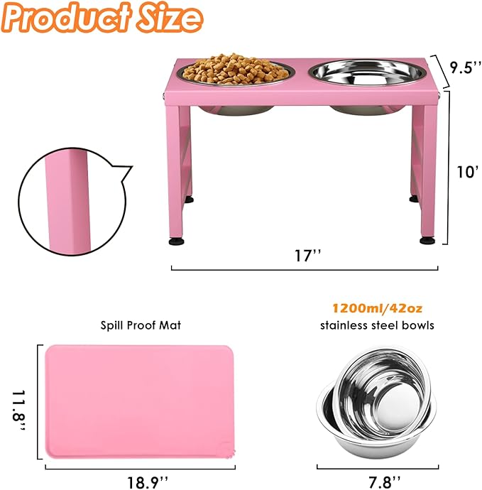 Pink Metal Raised Dog Bowl Stand for Large Dogs, Stronger Elevated Dogs Bowls with Sprill Proof Mat, Food & Water Bowl 10in Tall Feeder (42OZ-Stainless Steel Dog Bowls, Mat-12x19 in)