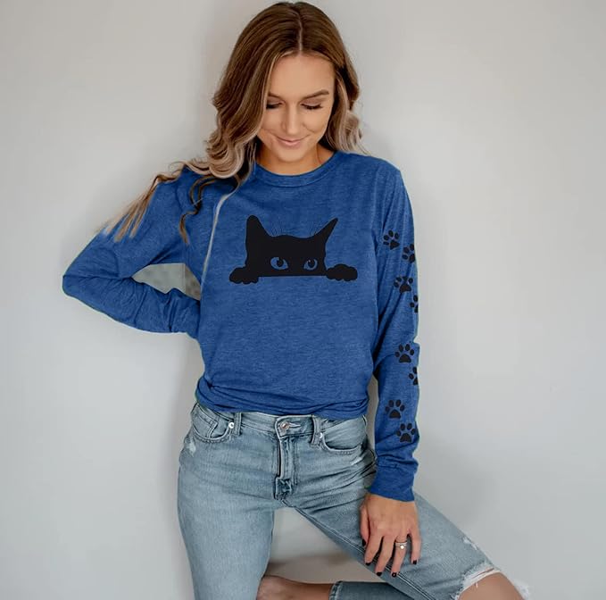 JINTING Cat Shirts for Women - Loose Fit Lightweight Long Sleeve Graphic Tee Fall Printed Crewneck Blouse Casual Tops