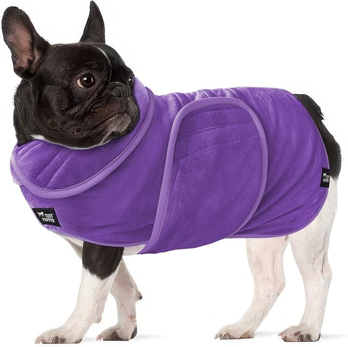 Tuff Pupper Fast Drying Dog Bath Robe | 800 GSM Plush Dog Towel Bathrobe/Dressing Gown | Super Absorbent Pet/Puppy Bathrobe | Adjustable Hood & Belly Strap | Super Soft | Fast Drying (S, Purple)