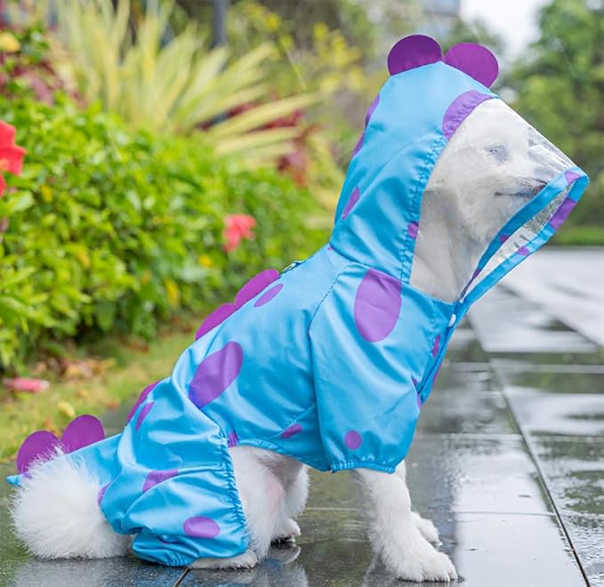 XIAOYU Funny Dinosaur Dog Raincoat with Hood & Harness D-Ring, Waterproof Rain Jacket for Small Dogs Cats, 4 Leg Jumpsuit Lightweight Waterproof Clothes, M