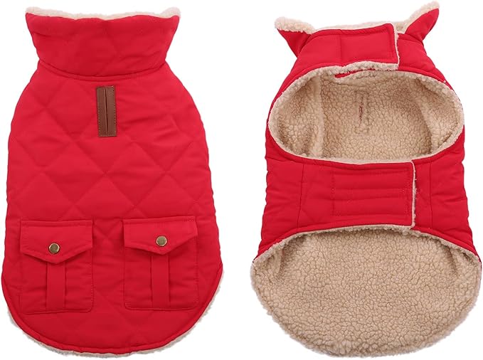 Queenmore Warm Dog Coat, Cold Weather Puffer Dog Jacket Ultra Thick Plush Lining with Storage Pockets (Red, Small)
