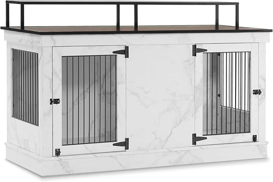 MCombo Large Dog Crate Furniture TV Stand, Wooden Pet Kennel with Double Doors, Indoor Furniture Style Dog House End Table, 1861 (White)