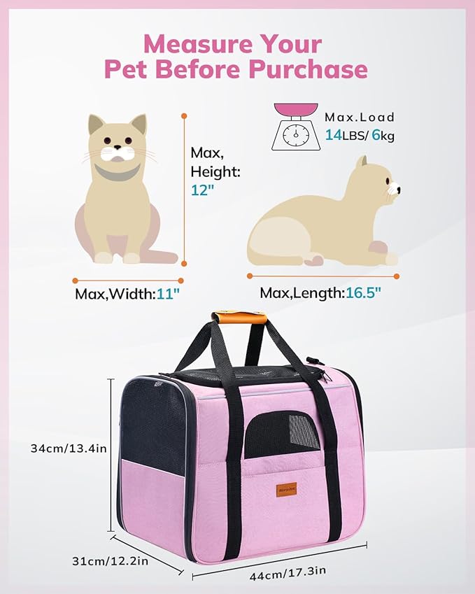 Morpilot Portable Cat Carrier - Soft Sided Cat Carrier for Medium Cats and Puppy up to 15lbs, Pet Carrier with Locking Safety Zippers, Foldable Bowl, Airline Approved Travel Dog Carrier - Pink