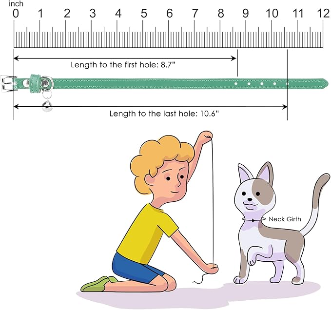 PUPTECK 2 PCS Soft Genuine Leather Cat Kitten Collar with Bells Adjustable for Girl Boy Cats Puppy - Blue Green, Bubble Green