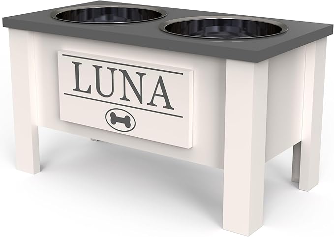 GrooveThis Woodshop - Personalized Elevated Dog Bowl Stand for Large, Medium, Small, X-Small Dogs - Stainless Steel Food and Water Bowls - Raised Dog Dish with Internal Storage (Large, Grey)