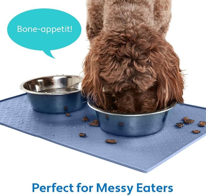 MIGHTY MONKEY 100% Waterproof Dog Food Mat, Raised Edges Silicone Pet Feeding Placemat for Cat, Dogs, Pet Bowls, High Lipped Tray Prevents Water Spills, Food on Floor, Dishwasher Safe, 24x16, Lt Blue