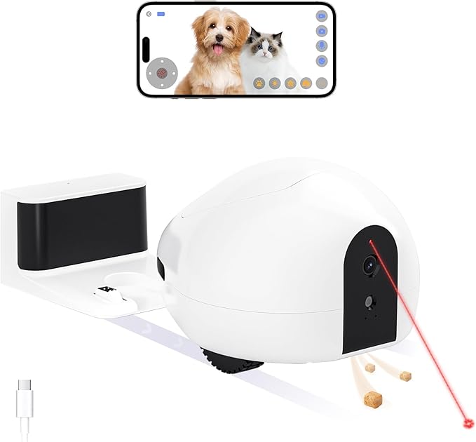 Cat Camera with Interactive Pointer Toy, Moving Robot for Dog and Cat, Mobile Pet Camera Treat Dispenser with Phone App, Auto Recharging and Night Vision, Two-Way Audio (2.4G Wi-Fi Only)