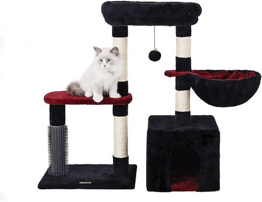Hoopet 32-Inch Gothic Cat Tree for Indoor Cats – Black & Red Small Cat Tower with Sisal Scratching Posts, Cozy Condo, Plush Perch & Dangling Ball – Ideal for Kittens & Small Cats