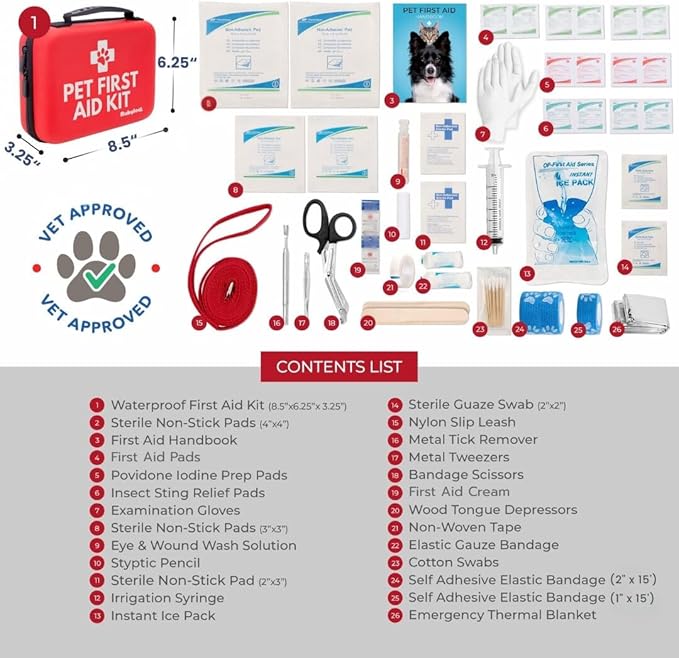 Dog First Aid Kit - Vet Approved Pet First Aid Supplies to Treat Dogs & Cats in an Emergency - Pet First Aid Kit Guide, Tick Remover, Slip Leash & Medical Essentials for Home, Camping, Car, RV, Travel