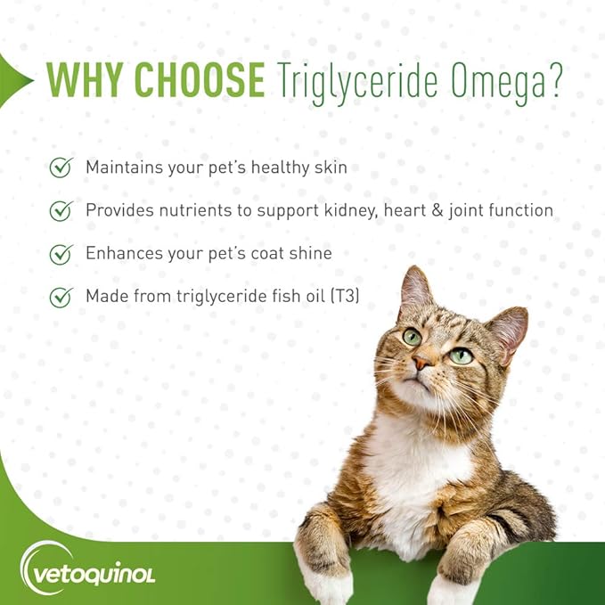 Vetoquinol Triglyceride Omega 3 Supplement for Dogs and Cats, Fish Oil Supplement with EPA and DHA, Promotes Skin, Coat, Joint, and Immune Health, Omega 3 Fish Oil for Dogs and Cats up to 30lbs, 60ct
