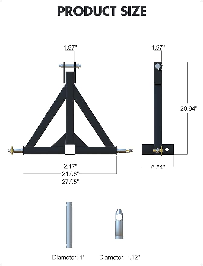 3 Point 2" Trailer Hitch Receiver Heavy-Duty for Category 1 Tractors Compatible with Kubota, BX, LM25H, WLM Tractor, NorTrac, Yanmar, Kioti, Cat