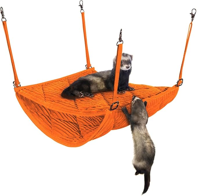 Ferret Hammock for Cage - Plush Double Bunk Bed Hanging Clips - Perfect for 2 or More Small Pets! (Rats, Ferrets, Hamsters, Guinea Pigs, Chinchillas & Squirrels) - Orange