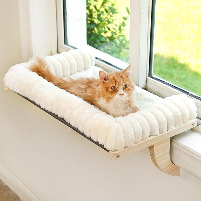 Cloud-Soft Cat Window Sill Perch with Zipper Designed Cushioned Bed, Supportive Cat Window Seat with Premium Solid Wood & Sturdy Metal Frame, Pet Hammock Bed for Large Cats (Medium, White)
