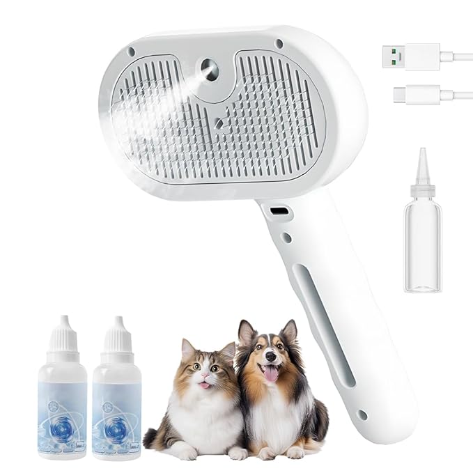Pet Steam Brush for Dog Cat, 3 in 1 Pet Steam Groomer Comb for Indoor, Rechargeable Pets Spray Grooming Comb for Shedding Hair Removal, Mist Spray Combs for Long Short Haired Pets (White)