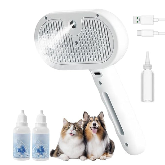 Pet Steam Brush for Dog Cat, 3 in 1 Pet Steam Groomer Comb for Indoor, Rechargeable Pets Spray Grooming Comb for Shedding Hair Removal, Mist Spray Combs for Long Short Haired Pets (White)