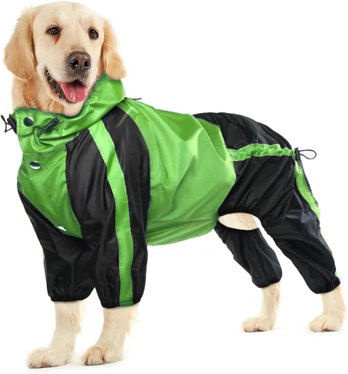 Dog Raincoat, Waterproof Dog Rain Coats for Large Dogs, Lightweight Rain Jacket, Adjustable 4 Legs Pet Poncho with Hood, Snow-Proof Dog Vest Rainwear, Rain Clothes Apparel with Leash Hole