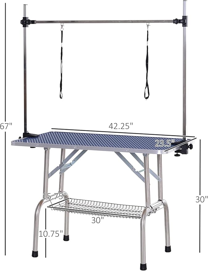 42" Dog Grooming Table Foldable Pet Grooming Tables with Adjustable Arm Noose Storage Mesh Tray Maximum Capacity Up to 330lbs Blue