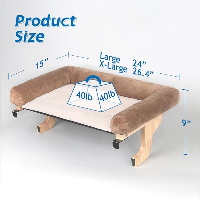 Zakkart Cat Perch for Window Sill with Bolster - Orthopedic Hammock Design with Premium Hardwood & Robust Metal Frame - Cat Window Seat for Large Cats and Kittens - Natural Color Wood Brown Bed, 24''W