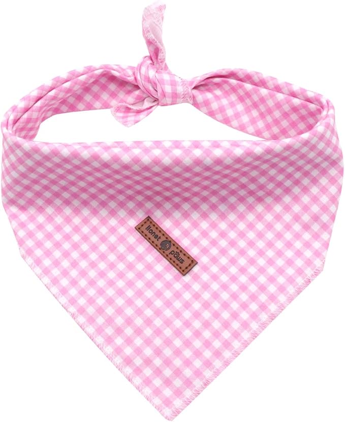 Lionet Paws Dog Bandana Washable Cotton Handkerchief Scarf Triangle Bandana for Small Medium Large Dogs Pink Grid