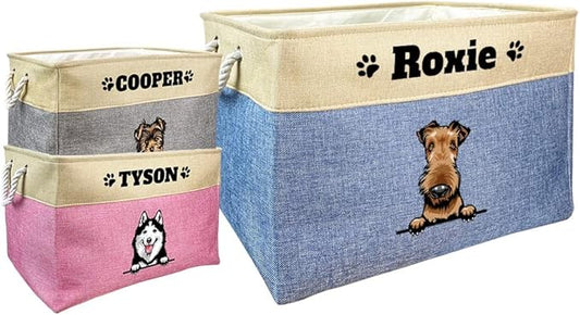 Custom Dog Basket for Toys Collapsible Storage Bin Grey Pink Blue Rectangular Pet Storage Organizer Box with Handles Extra Large Customized Name & Dog Breed