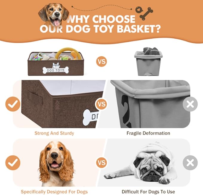 Dog Toy Basket, Specially Designed for Dog Toy Storage, Collapsible Dog Toy Box with Handle，Perfect for Storing Pet Toys and Accessories (Brown)