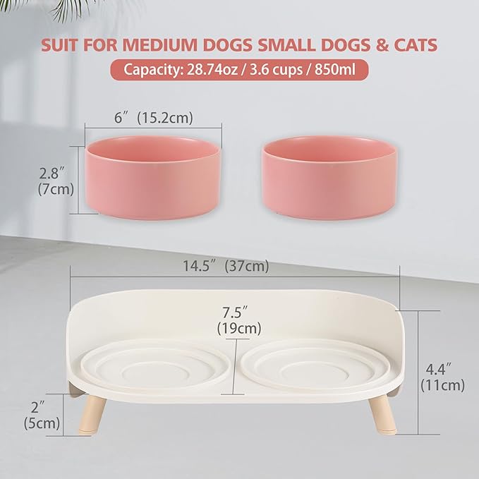 Elevated Ceramic Dog Bowl Set - Double Dog Feeding Bowls with Stand Splash Proof - Raised Dishes for Food and Water - Ideal for Small to Medium Dogs - 2 x 850 ml - 28.74 oz