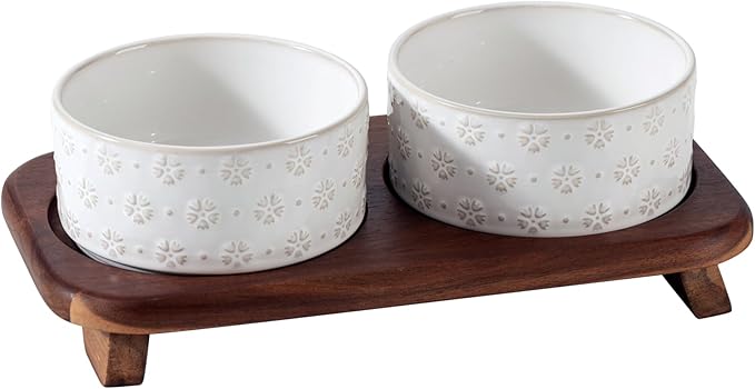 3.6cups Raised Double Cat Bowls Set with Acacia Wood Stand, Wide Whisker Friendly Ceramic Food & Water Bowls for Cats, Puppy, Kitty, Pet Bowl(Double Bowls+Stand, Arctic White)