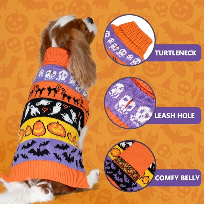 KYEESE Halloween Dog Sweater for Medium Sized Dogs Cute Pumpkin and Ghost Pattern Knitwear with Leash Hole Extra Warm and Soft Turtleneck Dog Apparel Cozy Holiday Pet Sweater, XX-Large