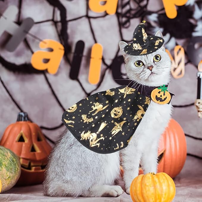Pet Halloween Costumes Dogs Cats Halloween Witch Pet Costume Cape Hat Halloween Vampire Cloak Wizard Cats Cosplay Clothes Apparel for Small Dogs Cats Halloween Party Decorations