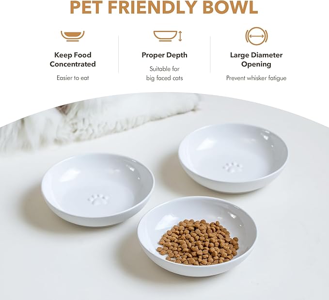 5.7'' Ceramic Wide Whisker Friendly Cat Dishes, Set of 3 Ceramic Cat Bowls, Indoor Kitten Feeding Food& Water Dish to Prevent Whisker Fatigue(3 Pcs,White)
