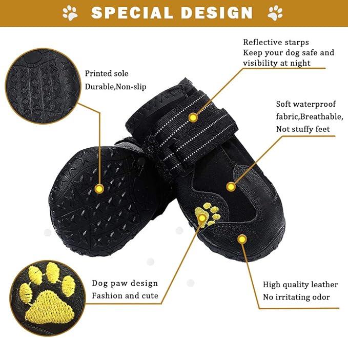Waterproof Dog Boots, Dog Outdoor Shoes for Medium to Large Dogs with Two Reflective Fastening Straps and Rugged Anti-Slip Sole (2.95" x 2.52",Black 4PCS).