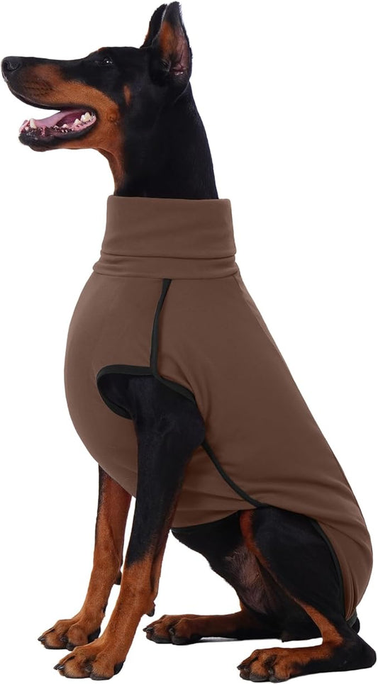 ROZKITCH Fleece Dog Sweatshirts for Large Dogs, Pet Windproof Warm Cold Weather Jacket Vest Cozy Jumpsuit Apparel Outfit Clothes for Walking Hiking Travel Sleep Brown 2XL