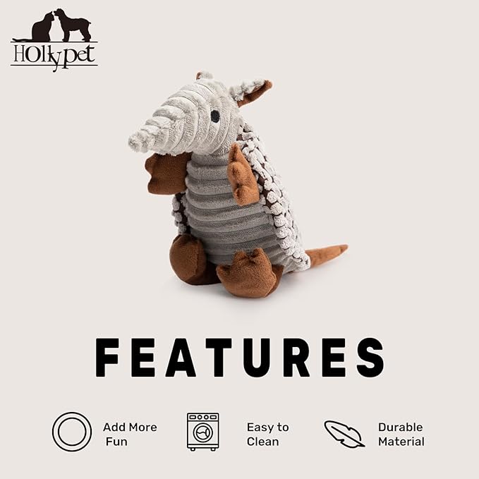 Hollypet Plush Dog Squeaky Toy Stuffed Armadillo Animal Pet Puppy Chew Toys with Clean Teeth for Small Medium Large All Breed Sizes Dogs, Gray, 8 in
