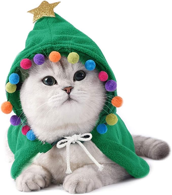 ANIAC Pet Christmas Costume - Puppy Cloak With Star and Pompoms, Cat Santa Cape With Hat, Winter Dog Outfit for Cats and Small Dogs (Medium, Green)