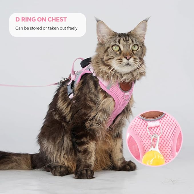 Cat Harness and Leash Set with AirTag Holder: Upgraded Escape Proof Vest with Lead for Small Dog Puppy Large Cat Walking，Soft Breathable Mesh Coat with Reflective Strip (Pink, M)