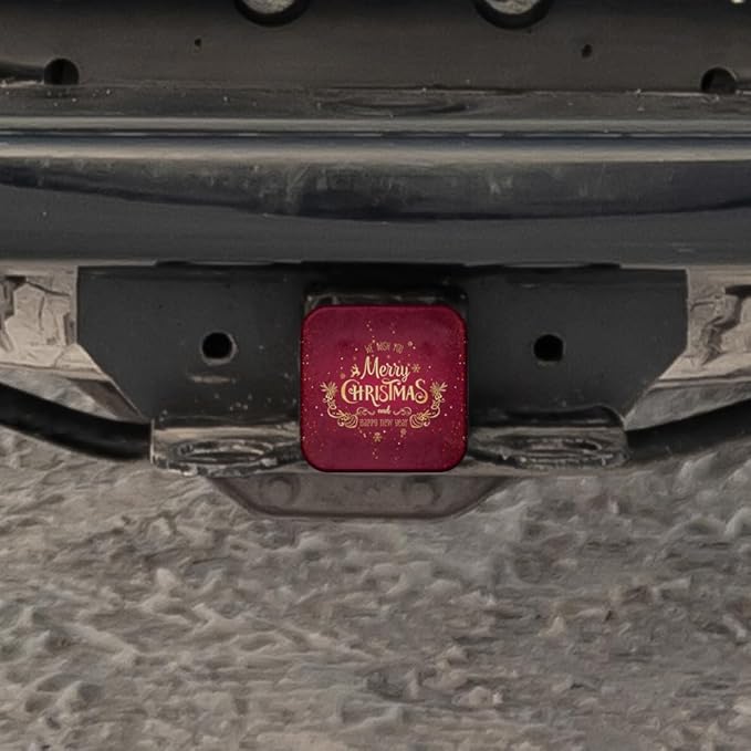 Swono Merry Christmas Truck Hitch Cover, 2" Square Trailer Hitch Cover Tube Plug Insert, Easy to Install, Red Gold Glitter