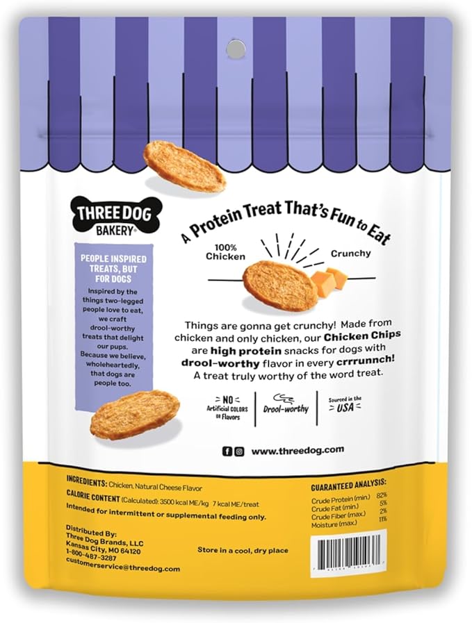 Three Dog Bakery Bark’N Crunch! Chicken Chips, Cheese Flavor, Crunchy Treat for Dogs, Two Ingredients, High Protein Snacks, No Artificial Flavors or Colors, Made in The USA, 4 oz.