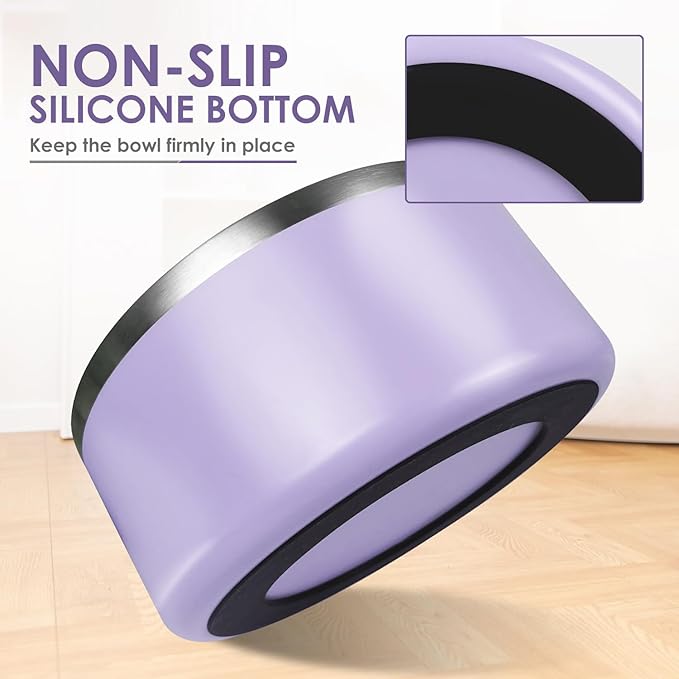 IKITCHEN Dog Bowl for Food and Water, 64 Oz Stainless Steel Pet Feeding Bowl, Durable Non-Skid Insulated Heavy Duty with Rubber Bottom for Medium Large Dogs (64 Ounces/8 Cup, Light Purple)