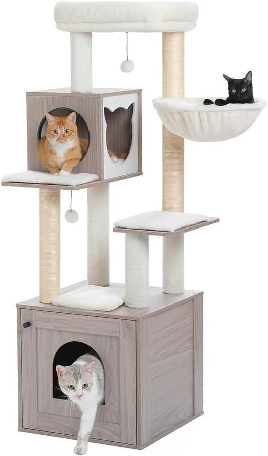 PEQULTI 57.5" Cat Tree with Litter Box Enclosure Large, Wood Cat Tower for Indoor Cats with Storage Cabinet and Cozy Cat Condo, Sisal Covered Scratching Post and Replaceable Dangling Balls, Grey