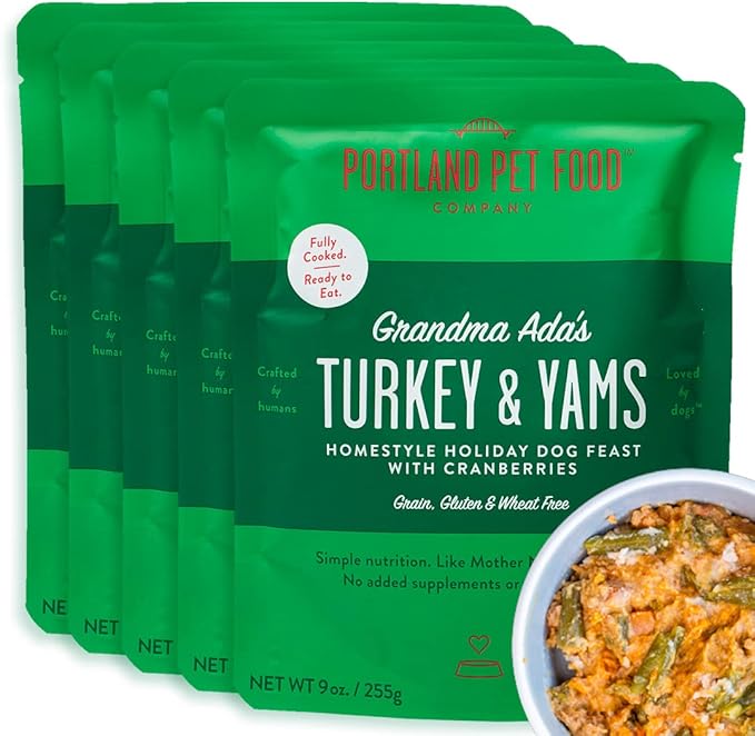 Portland Pet Food Company Fresh Dog Food Pouches - Human-Grade Toppers Wet Meal & Mixers - Grain-Free Limited Ingredient Grandma Ada's Turkey & Yams - Small & Large Breed Puppy & Senior Dogs - 5 Pack