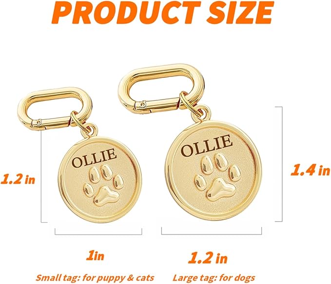 Dogs ID Tags Personalized Double Sided Deep Engraved Cat & Dog Collar Charm Round Shape Frosting Process Silver/Gold Plated (PAW-Gold)
