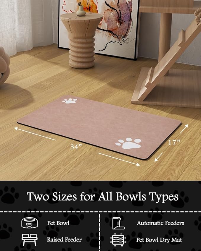 Pet Feeding Mat-Absorbent Dog Mat for Food and Water Bowl-No Stains Quick Dry Water Dispenser Mat-Dog Accessories Pet Supplies-Bowl for Messy Drinkers（Dusty Pink,17"x34"