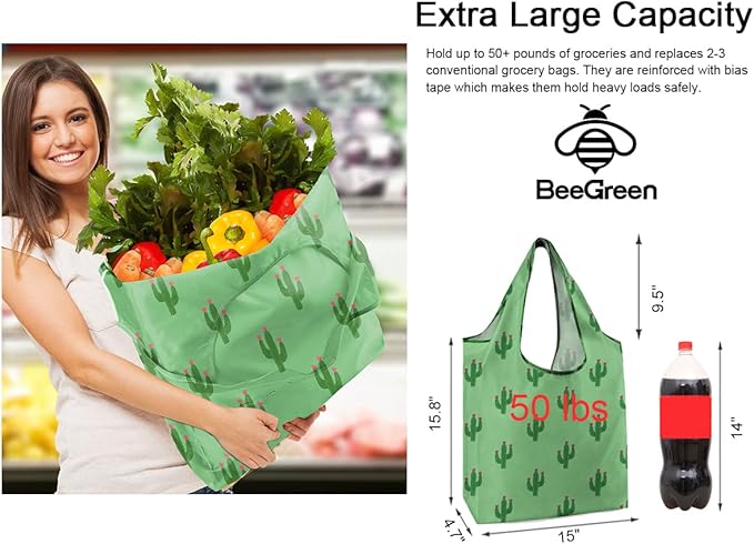 BeeGreen Geometry Reusable Grocery Bags Bulk 6 Packs X-Large, Reusable Shopping Bags Foldable for Groceries, Vegetables, Fruits Watertight Bulk Tote Bags (Cactus Rainbow Polka Dot Red Rose