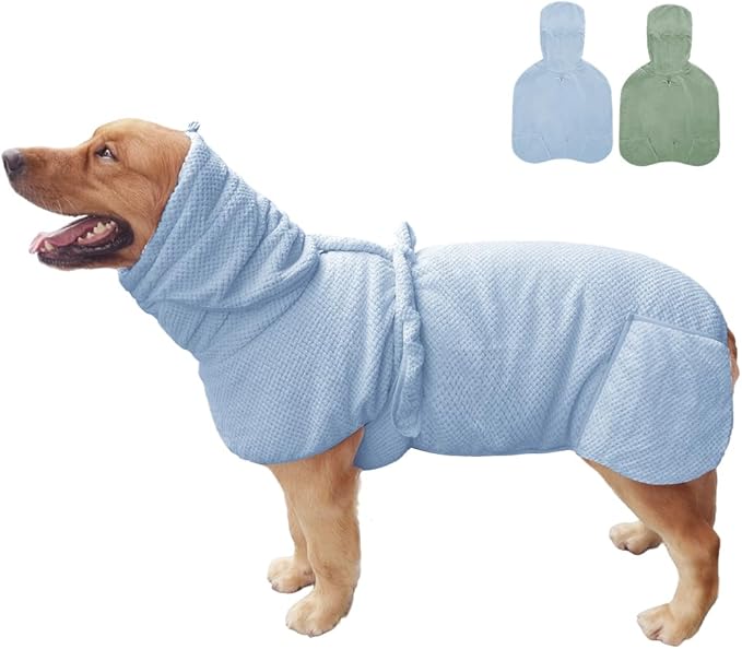 KOOGALSmall to Medium Size Dog Bathrobe, Quick Drying Super Absorbent Used for After Bathing, Warm Dog Towels, Adjustable Hoodies and Belts for Pet Dogs Bath Clothes Products(Blue Jacquard, XL)