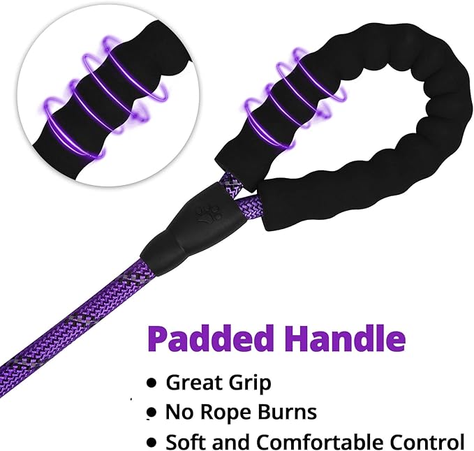 Rope Dog Leash 5 FT: Heavy Duty Leashes with Swivel Lockable Hook Reflective Threads Bungee and Padded Handle - Dog Lead for Large Small Medium Dogs Outside Walking Hiking Purple
