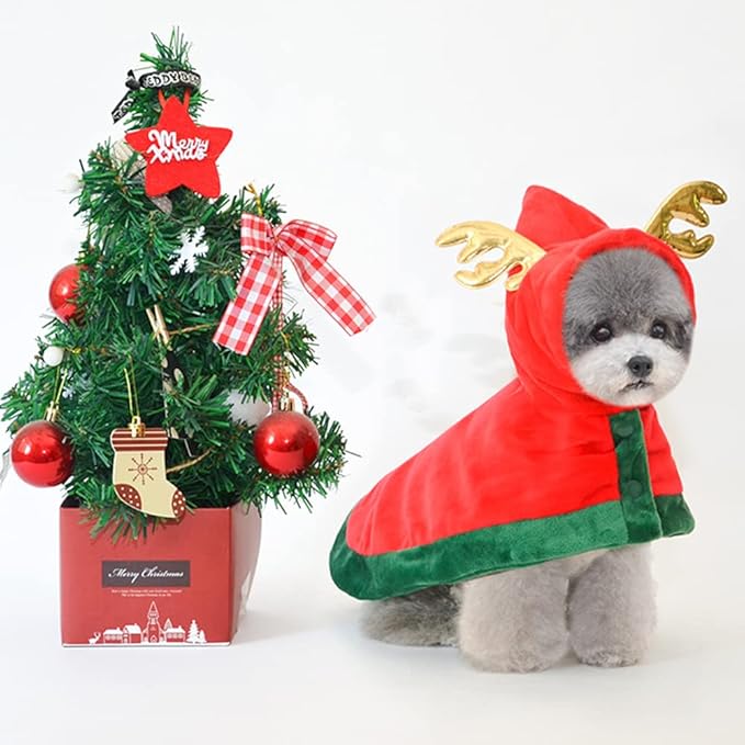 ANIAC Pet Christmas Costume Puppy Xmas Cloak with Antler Cat Santa Cape with Xmas Cap Party Cosplay Dress for Cats and Small Medium Dog (Medium, Red)