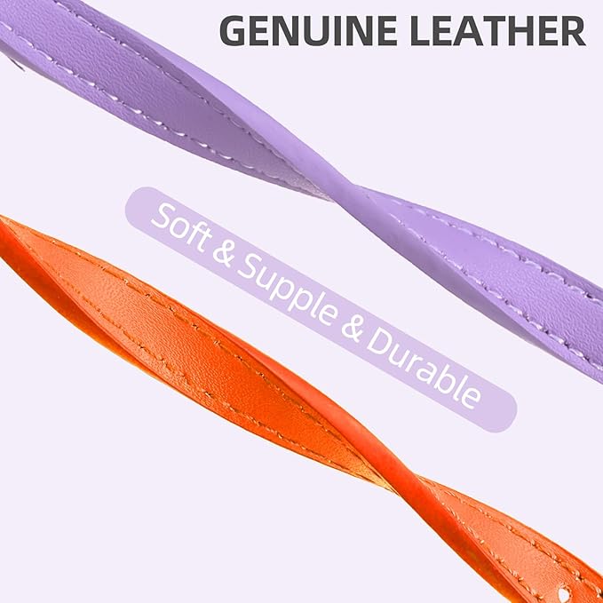 PUPTECK 2 PCS Soft Genuine Leather Cat Kitten Collar with Bells Adjustable for Girl Boy Cats Puppy - Orange, Purple